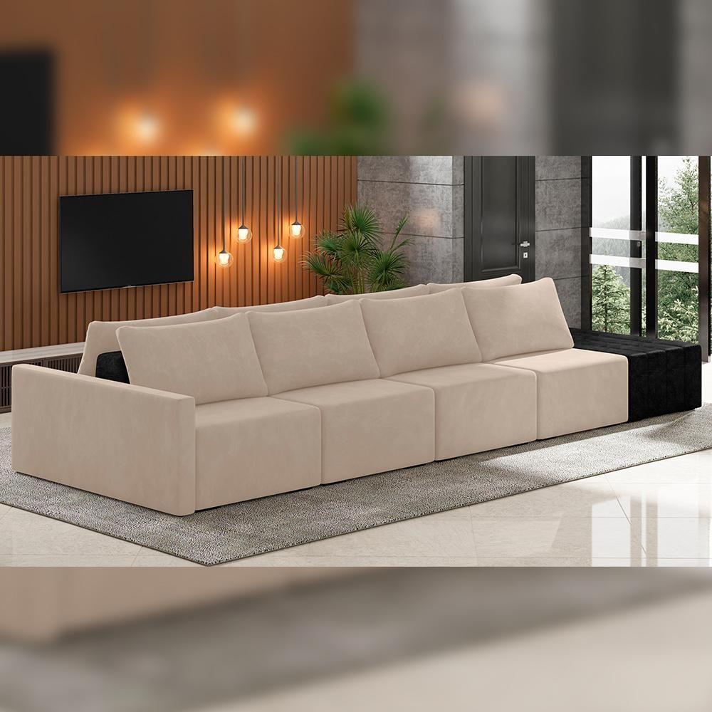 Sofá Ilha Modular Para Sala 392cm Com Puff Dublin K01 Veludo Bege E Sintético Preto - Lyam Decor - 6