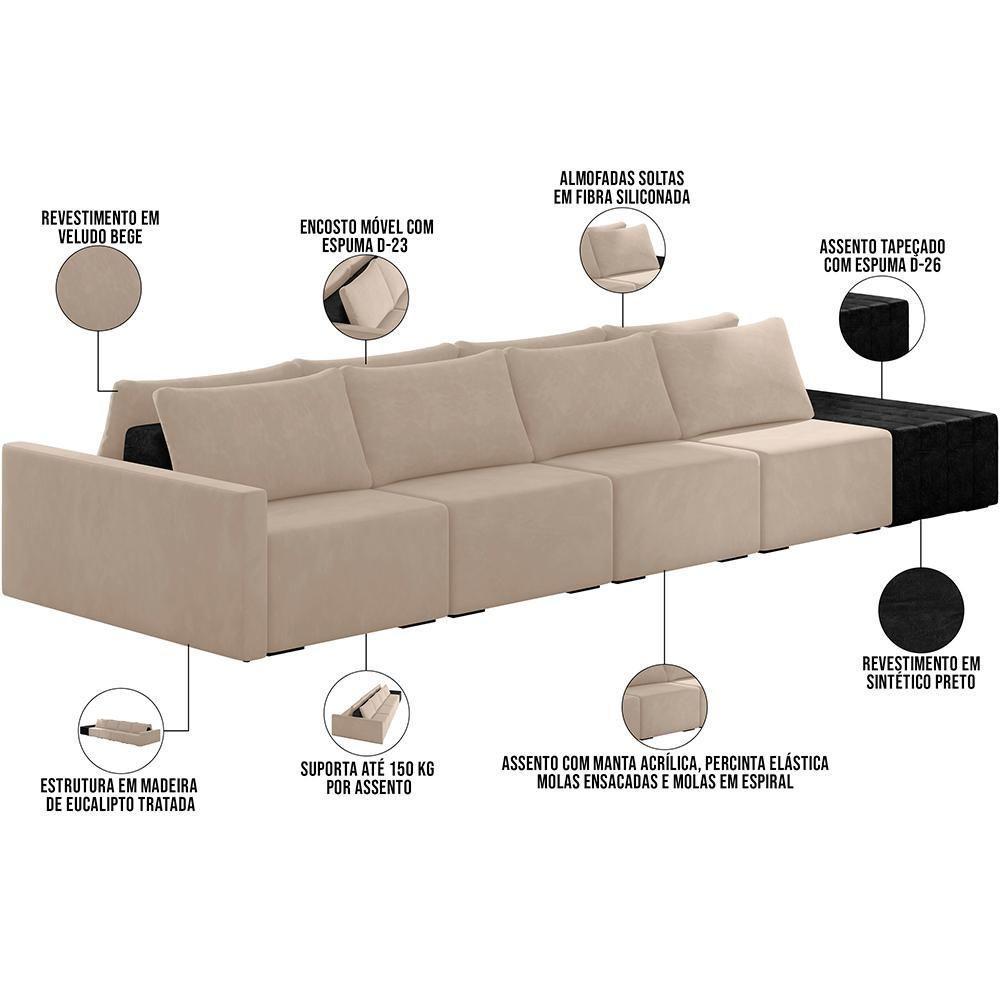 Sofá Ilha Modular Para Sala 392cm Com Puff Dublin K01 Veludo Bege E Sintético Preto - Lyam Decor - 7