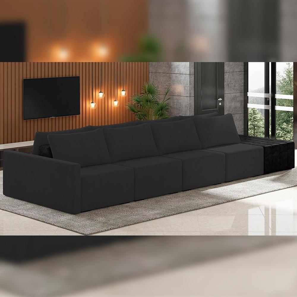 Sofá Ilha Modular Para Sala 392cm Com Puff Dublin K01 Veludo Preto E Sintético Preto - Lyam Decor - 5