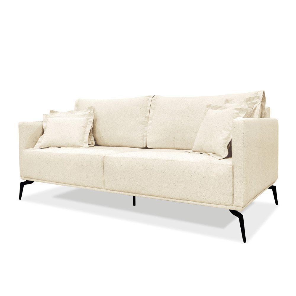 Sofá 3 Lugares Pé De Ferro Preto Rafaela 220 Cm Linho S04 - D'rossi Cor Perola - 1