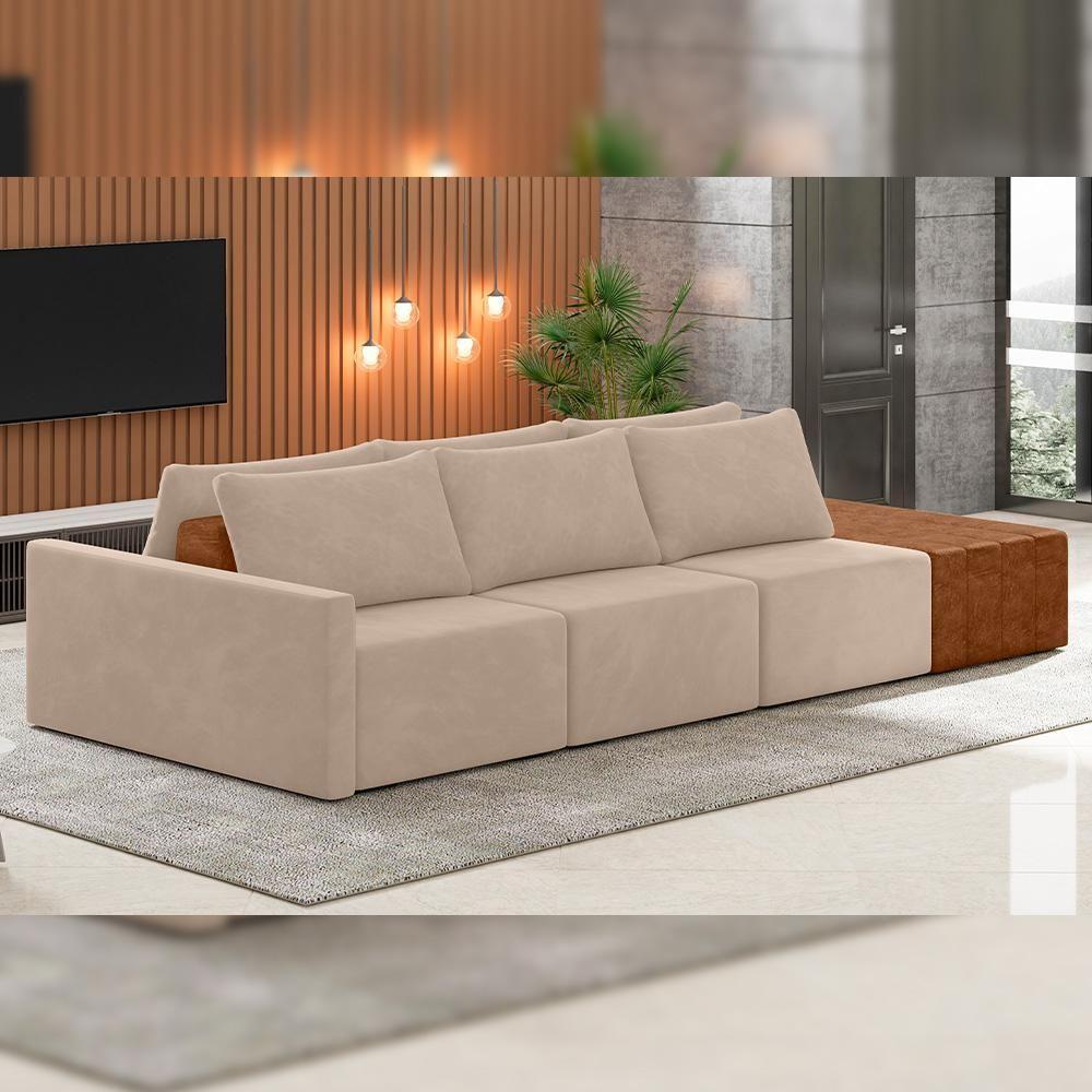 Sofá Ilha Modular Para Sala 342cm Com Puff Dublin K01 Veludo Bege Sintético Caramelo - Lyam Decor - 6
