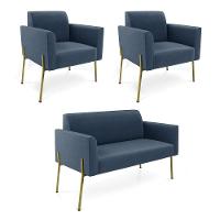 Sofá Namoradeira E 2 Poltronas Pé De Ferro Dourado Marisa Suede D03 Azul Marinho - 1