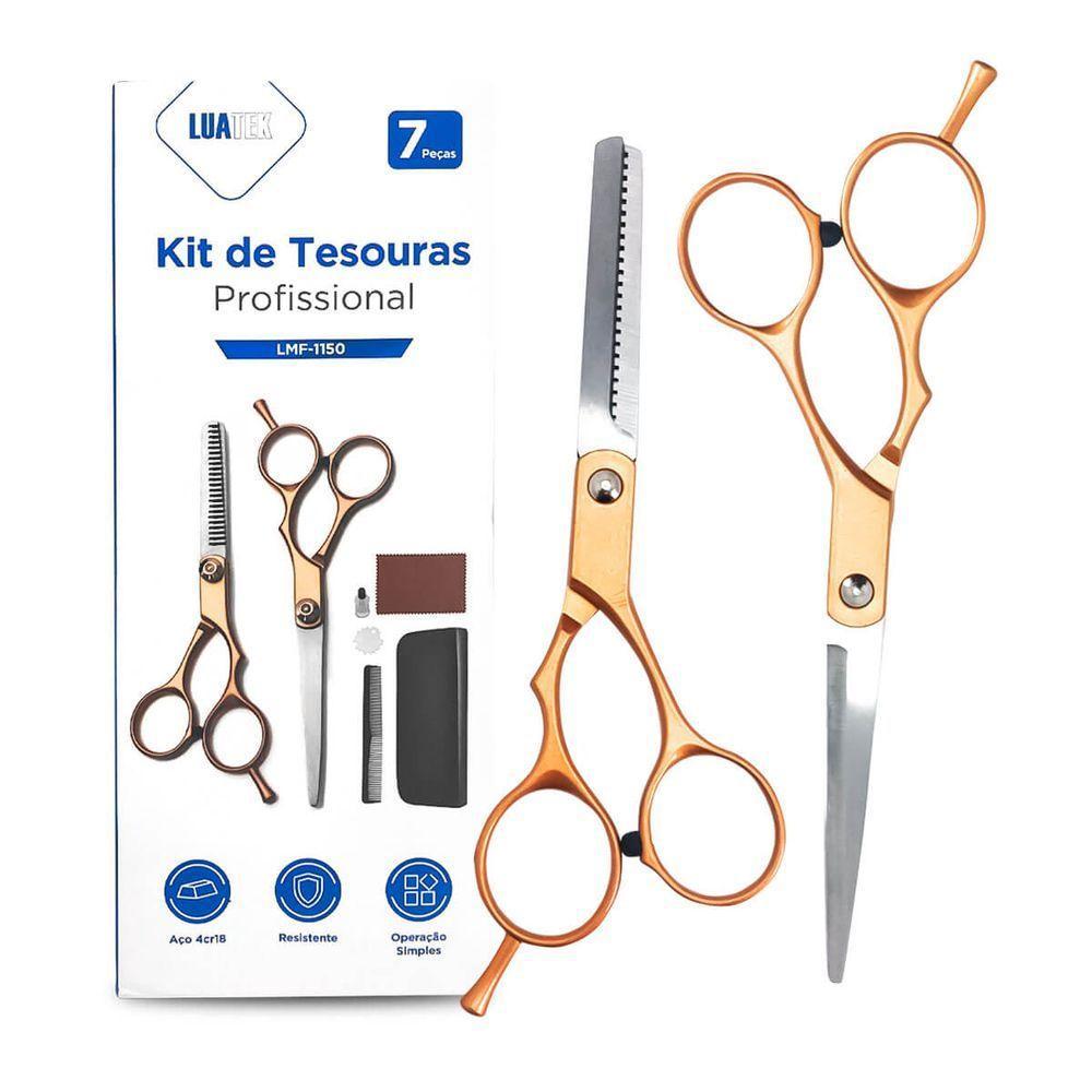 Kit Tesouras Profissional Dourada Com Estojo Para Corte - 2