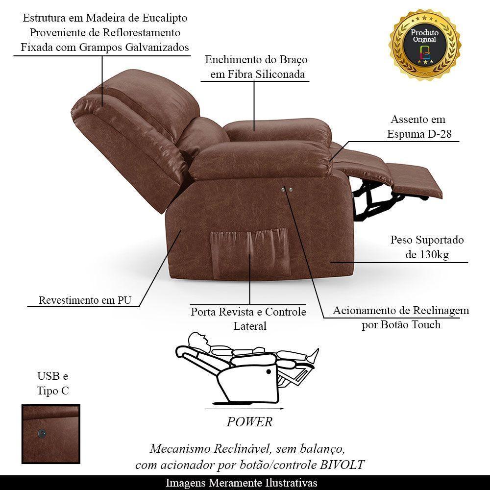 Poltrona Do Papai Reclinável Melim Power Touch Usb Pu Marrom Brilho Fh1 - D'rossi - 6