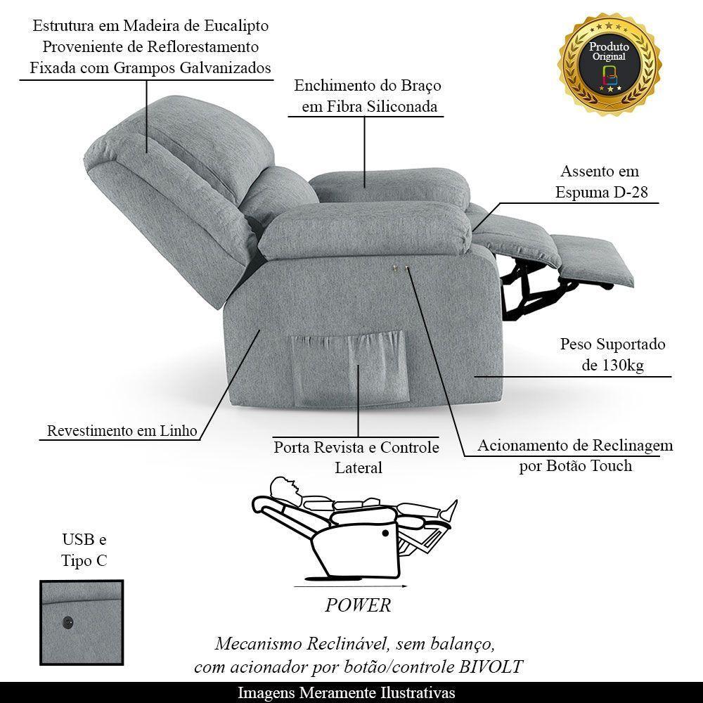 Poltrona Do Papai Reclinável Melim Power Touch Usb Linho Cinza Fh1 - D'rossi - 6