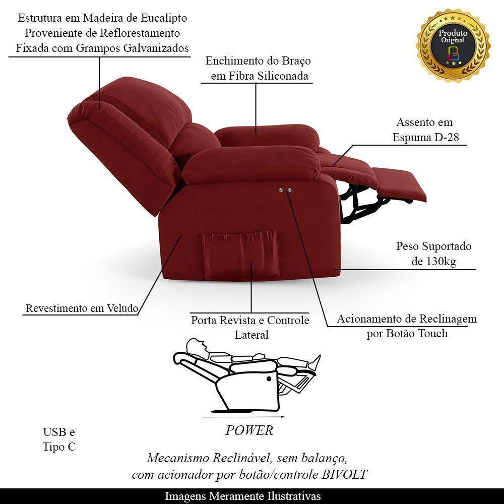 Poltrona Do Papai Reclinável Melim Power Touch Usb Veludo Fh1 - D'rossi Cor Vermelho - 3