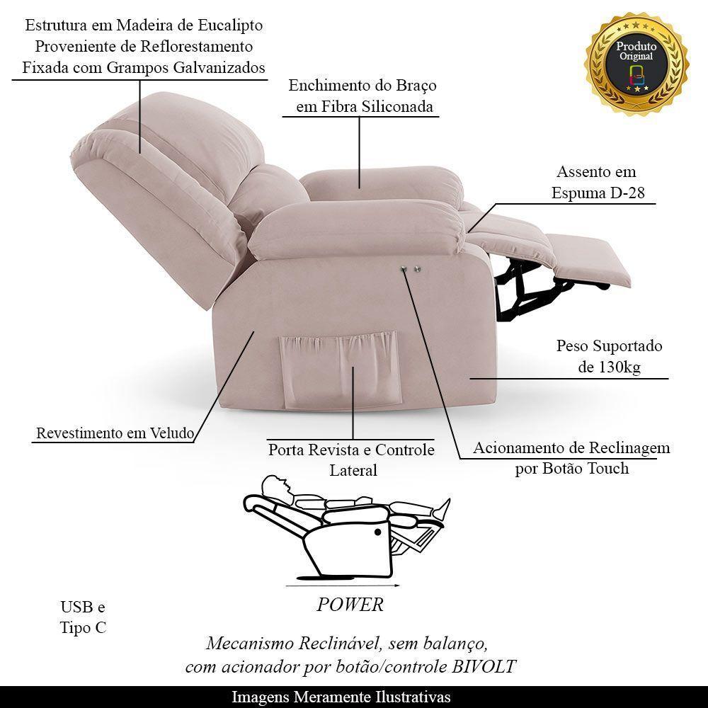 Poltrona Do Papai Reclinável Melim Power Touch Usb Veludo Fh1 - D'rossi Cor Rose - 6