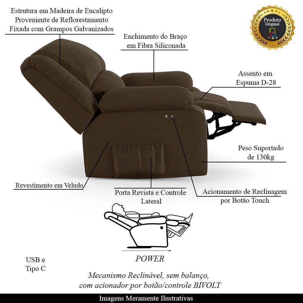 Poltrona Do Papai Reclinável Melim Power Touch Usb Veludo Marrom Fh1 - D'rossi - 6