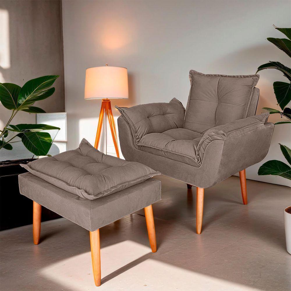 Poltrona Opala Para Sala Com Puff Reforçada Suede Capuccino - 6