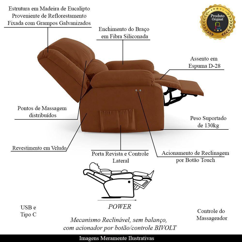 Poltrona Do Papai Reclinável Melim Power Touch Usb Veludo Fh1 - D'rossi Cor Terracota - 3