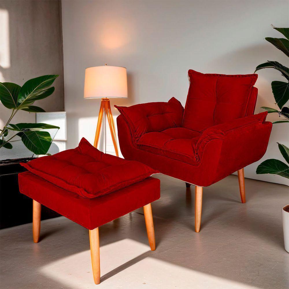 Poltrona Opala Para Sala Com Puff Reforçada Suede Cor Vermelho - 6