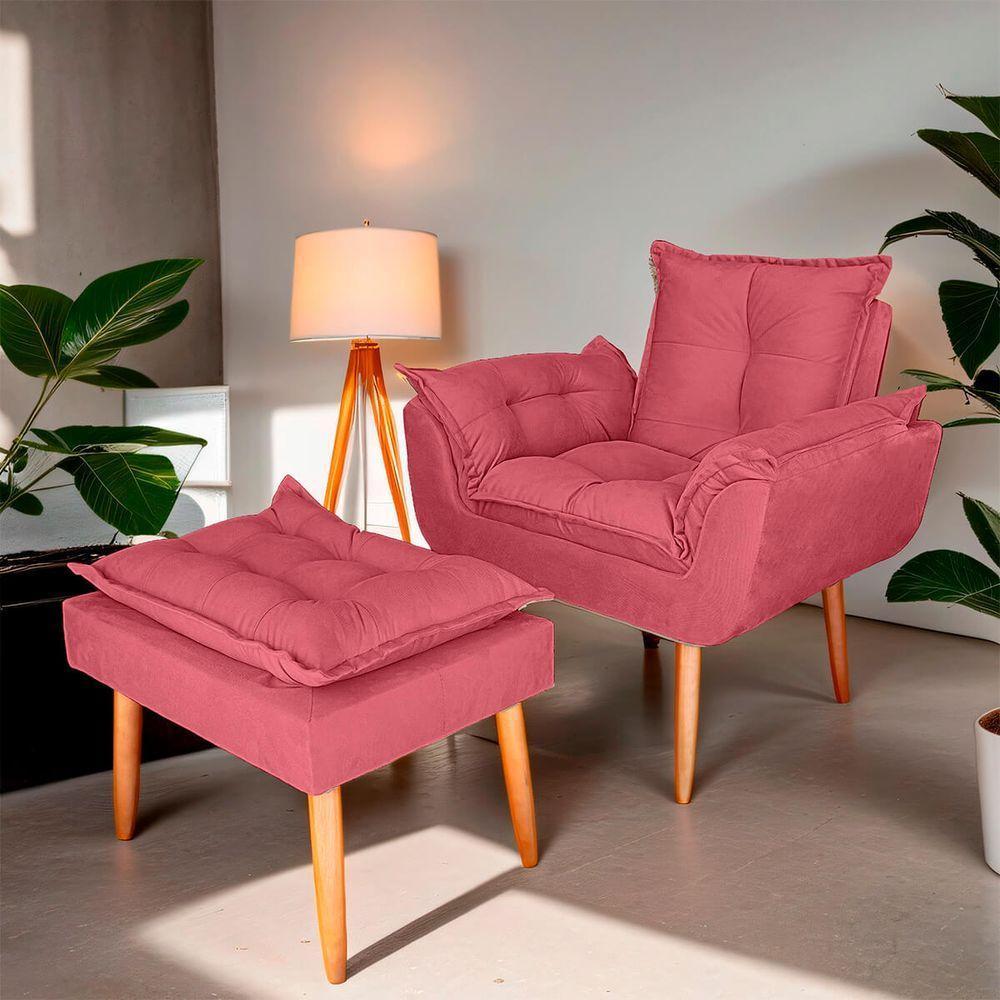 Poltrona Opala Para Sala Com Puff Reforçada Suede Rosa - 6