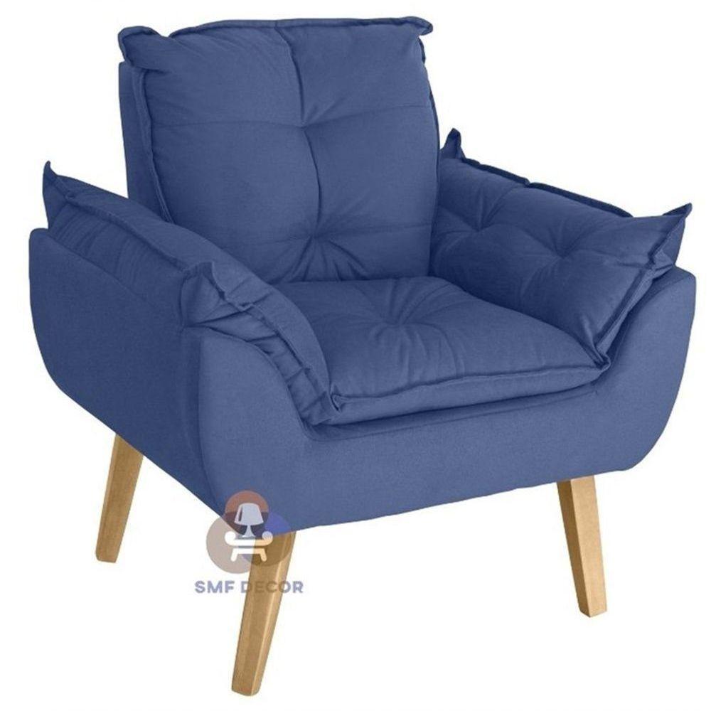Poltrona/cadeira Decorativa E Puff Glamour Com Pés Quadrado Azul Marinho - 3