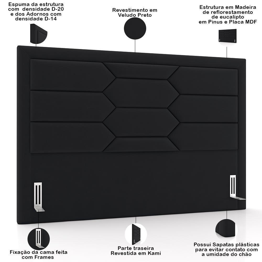 Cabeceira Cama Box King 195cm Estofada Nora P05 Veludo Preto - Lyam Decor - 6