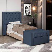 Cabeceira E Calçadeira Báu Solteiro Atena 90cm Capitonê Linho Azul - Desk Design - 7