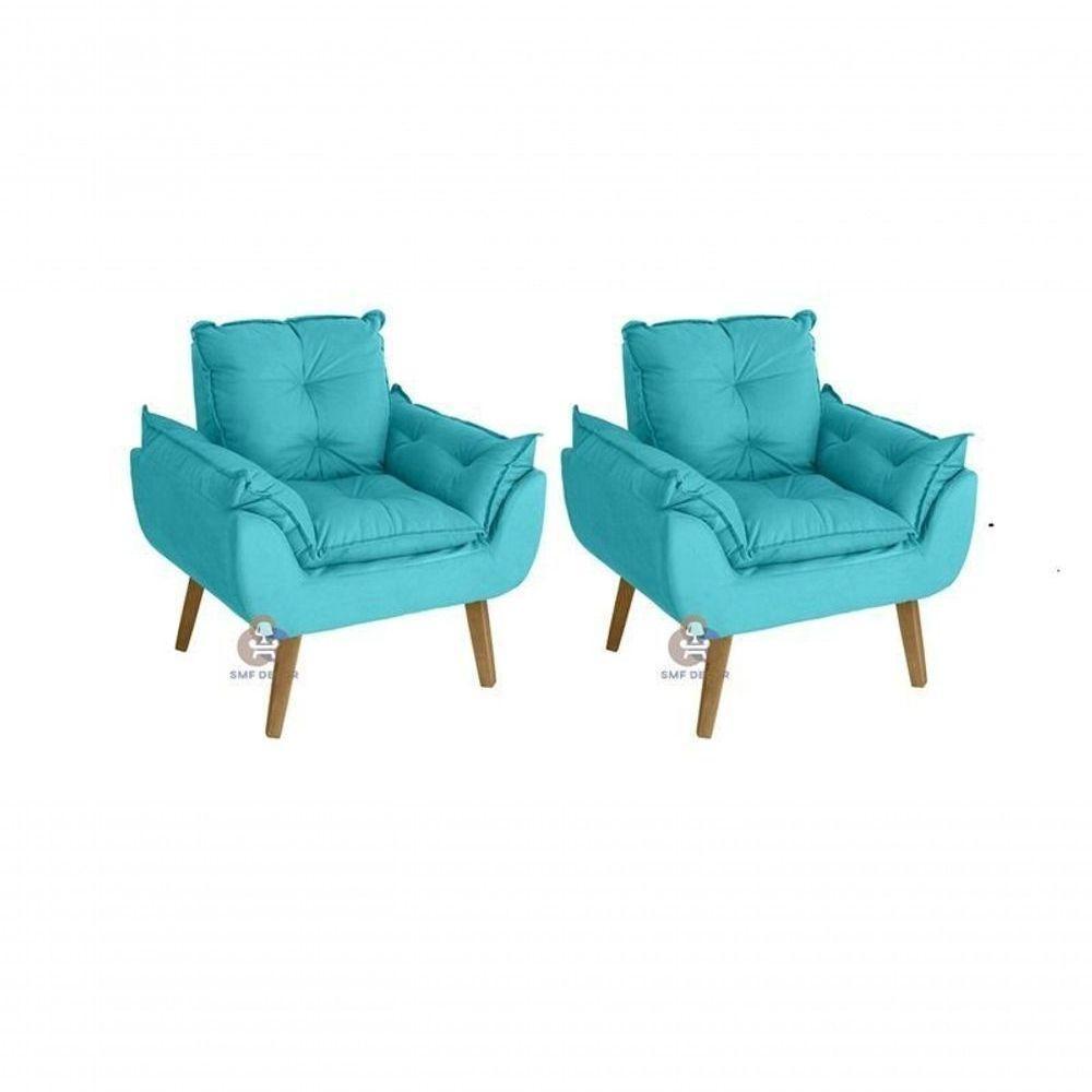 Kit 02 Poltrona/cadeira Decorativa E Puff Glamour Com Pés Quadrado Azul Turquesa - 4