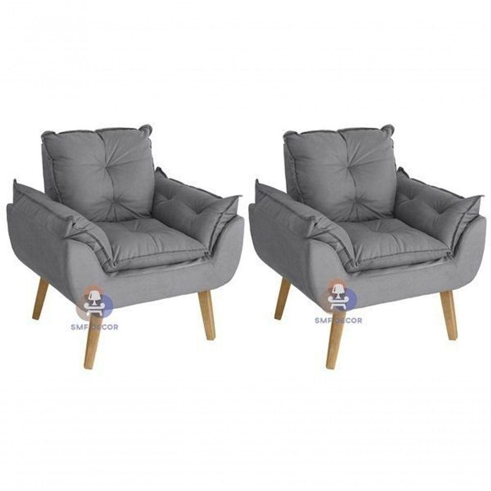 Kit 02 Poltrona/cadeira Decorativa E Puff Glamour Com Pés Quadrado Cinza - 3