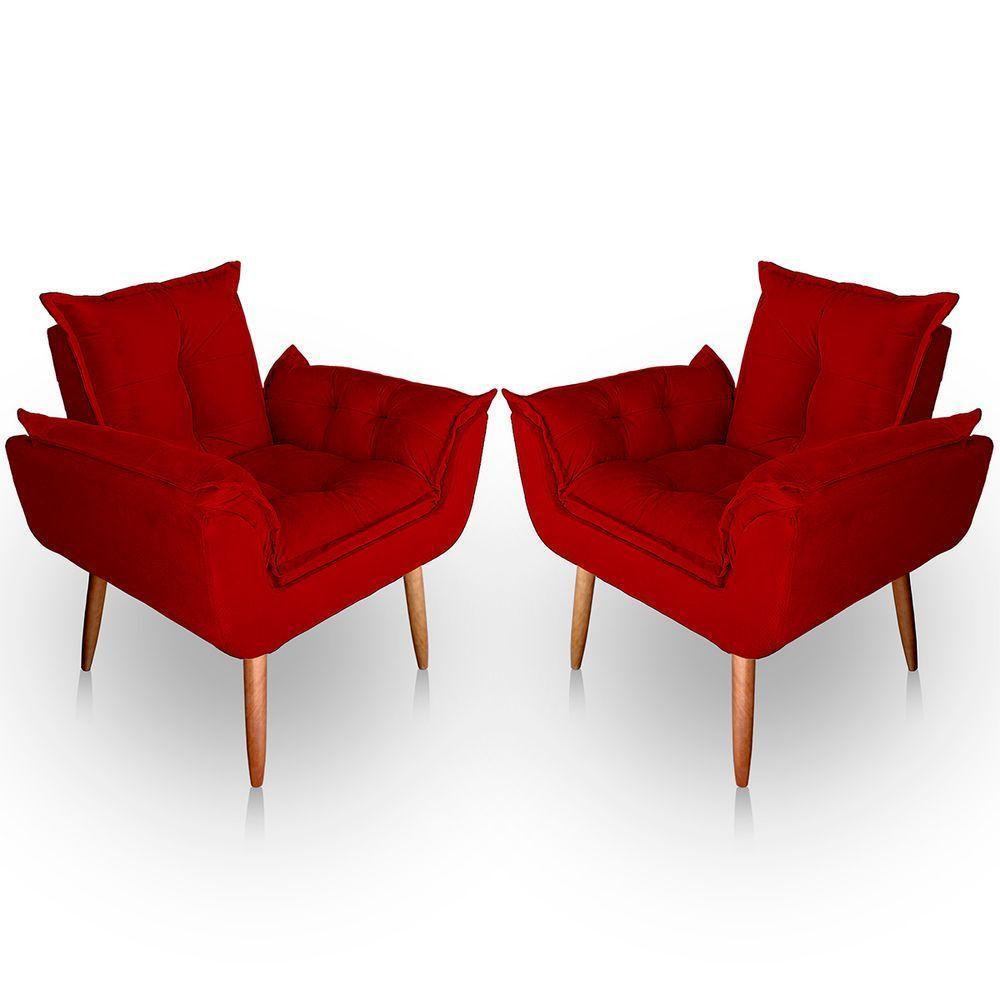 Kit 02 Poltrona Para Sala E Quarto Decorativa Opala Suede Vermelho - 1