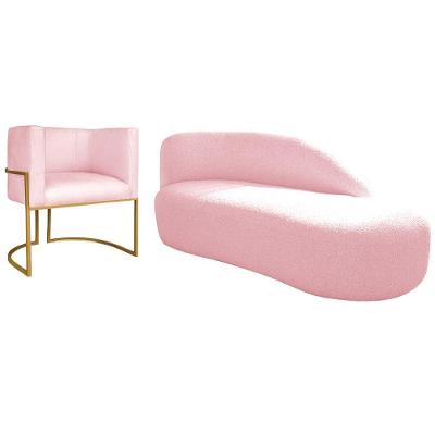 Kit Divã Luna 140cm Lado Direito E 01 Poltrona Base De Ferro Dourado Suede Cor Rosa Bebê