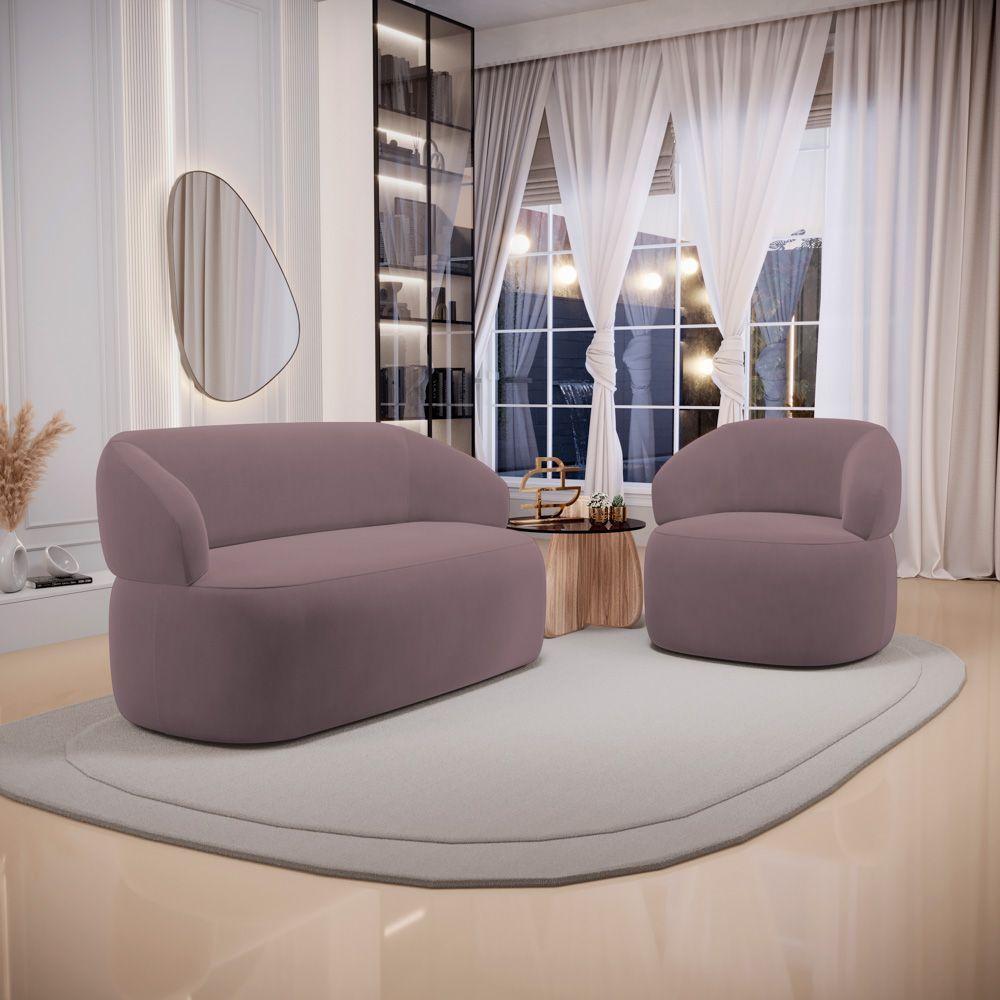 Kit 02 Poltronas Giratória E 01 Sofá Orgânico Glee 02 Lugares 140cm Veludo Rosê - Desk Design - 4