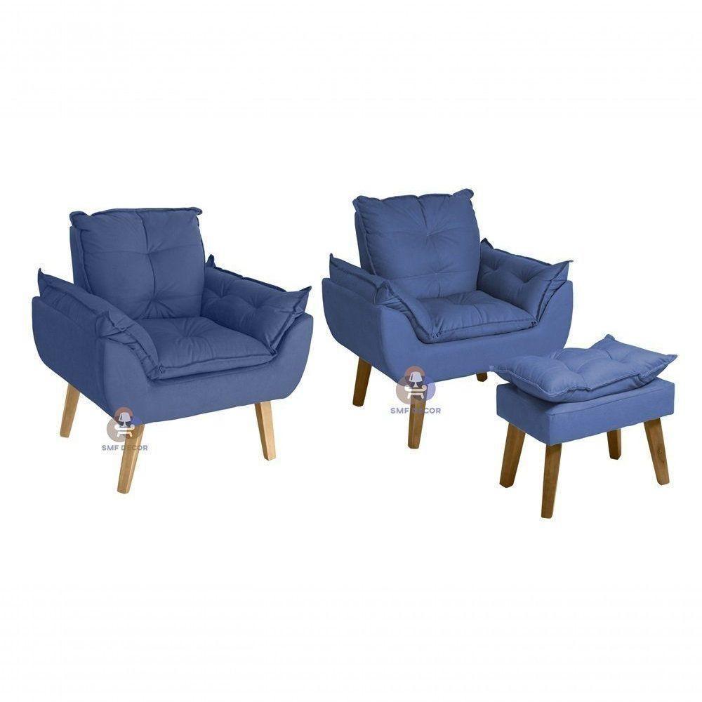 Kit 02 Poltrona/cadeira Decorativa E Puff Glamour Com Pés Quadrado Azul Marinho - 1