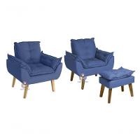 Kit 02 Poltrona/cadeira Decorativa E Puff Glamour Com Pés Quadrado Azul Marinho - 1