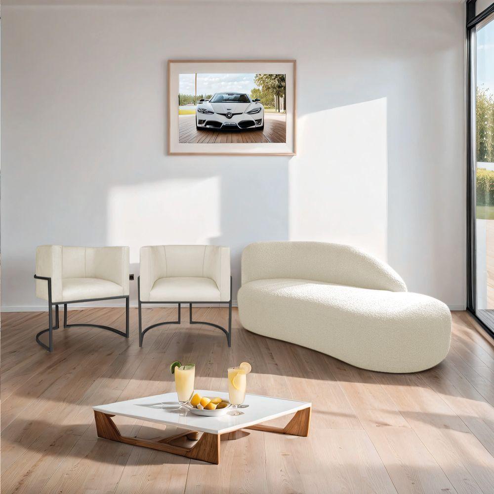 Kit Divã Luna 140cm Lado Direito E 02 Poltronas Base De Ferro Preto Linho Cor Bege - 5