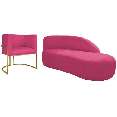 Kit Divã Luna 140cm Lado Direito E 01 Poltrona Base De Ferro Dourado Suede Cor Pink