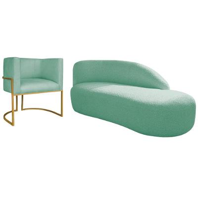 Kit Divã Luna 140cm Lado Direito E 01 Poltrona Base De Ferro Dourado Suede Cor Azul Tiffany