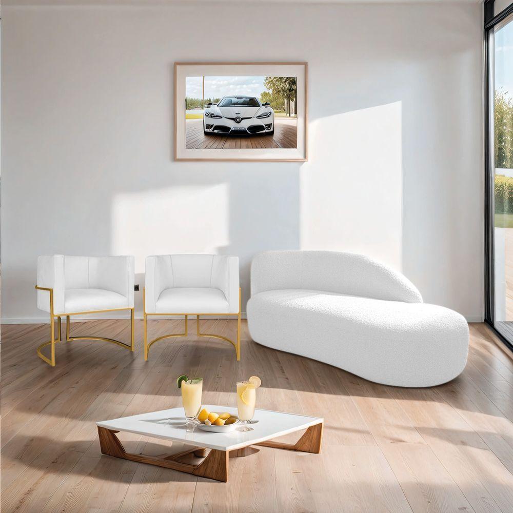 Kit Divã Luna 140cm Lado Direito E 02 Poltronas Base De Ferro Dourado Suede Cor Branco - 6