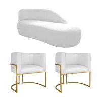Kit Divã Luna 140cm Lado Direito E 02 Poltronas Base De Ferro Dourado Suede Cor Branco - 1