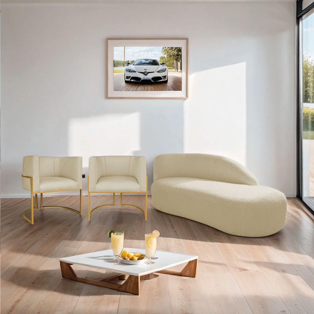 Kit Divã Luna 140cm Lado Direito E 02 Poltronas Base De Ferro Dourado Suede Cor Bege - 6