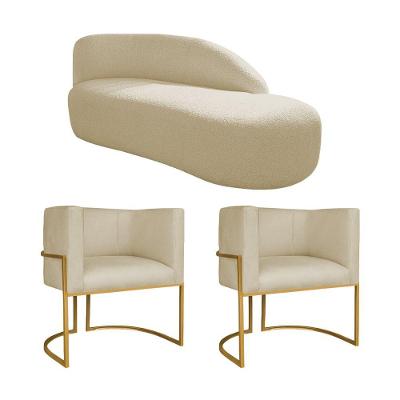 Kit Divã Luna 140cm Lado Direito E 02 Poltronas Base De Ferro Dourado Suede Cor Bege