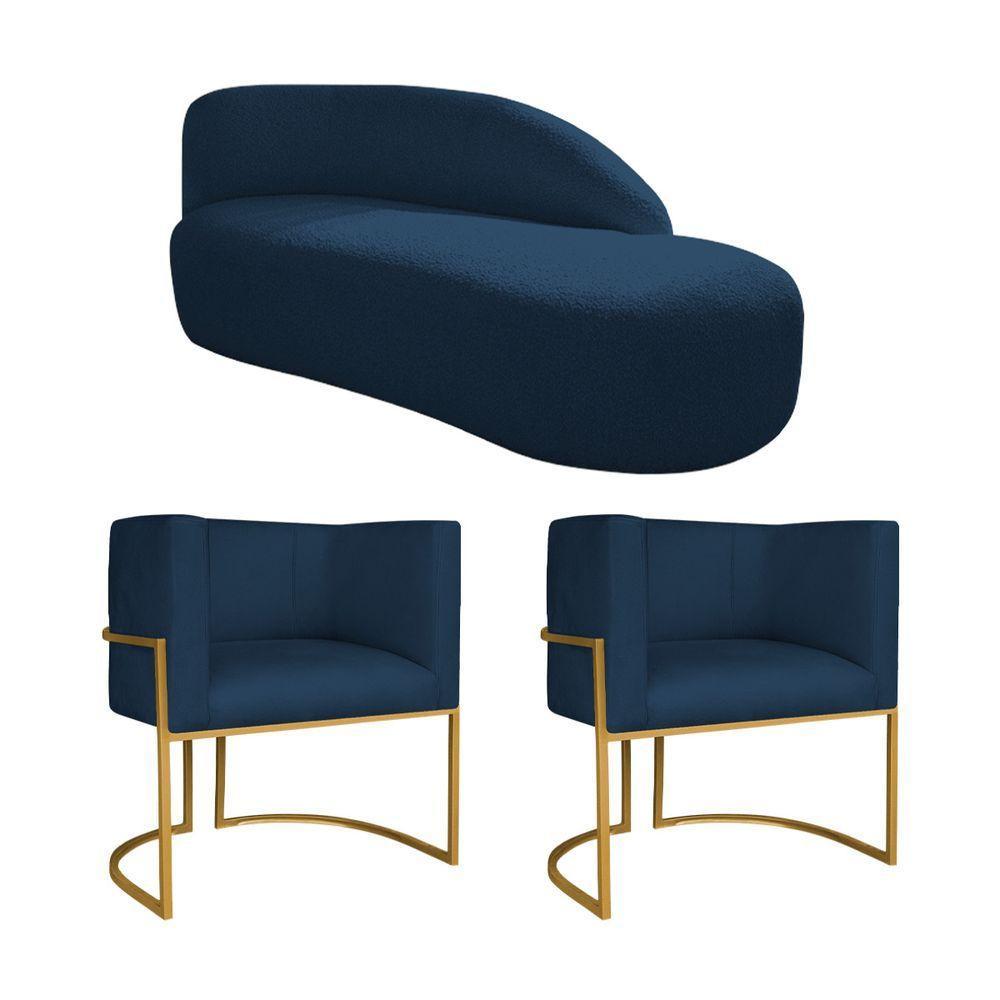 Kit Divã Luna 140cm Lado Direito E 02 Poltronas Base De Ferro Dourado Suede Cor Azul Marinho - 1