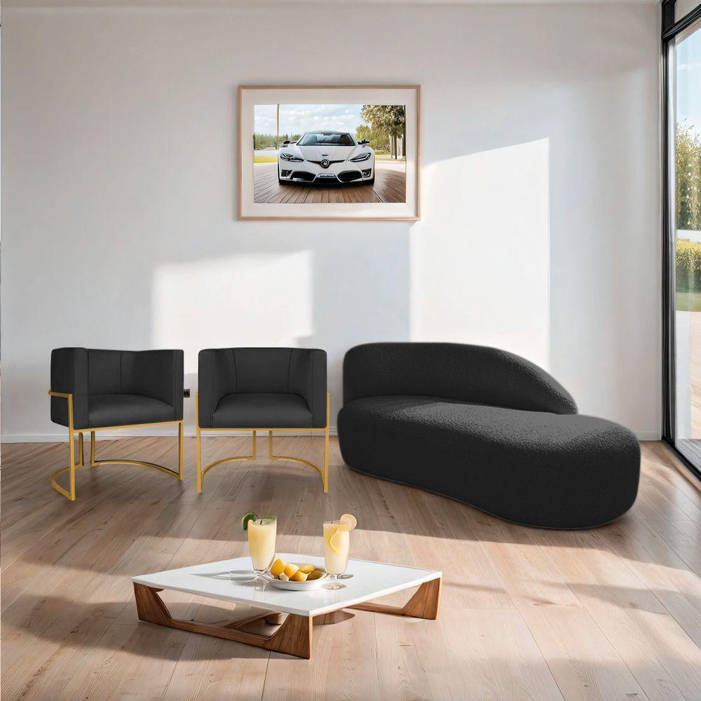 Kit Divã Luna 140cm Lado Direito E 02 Poltronas Base De Ferro Dourado Suede Cor Preto - 5