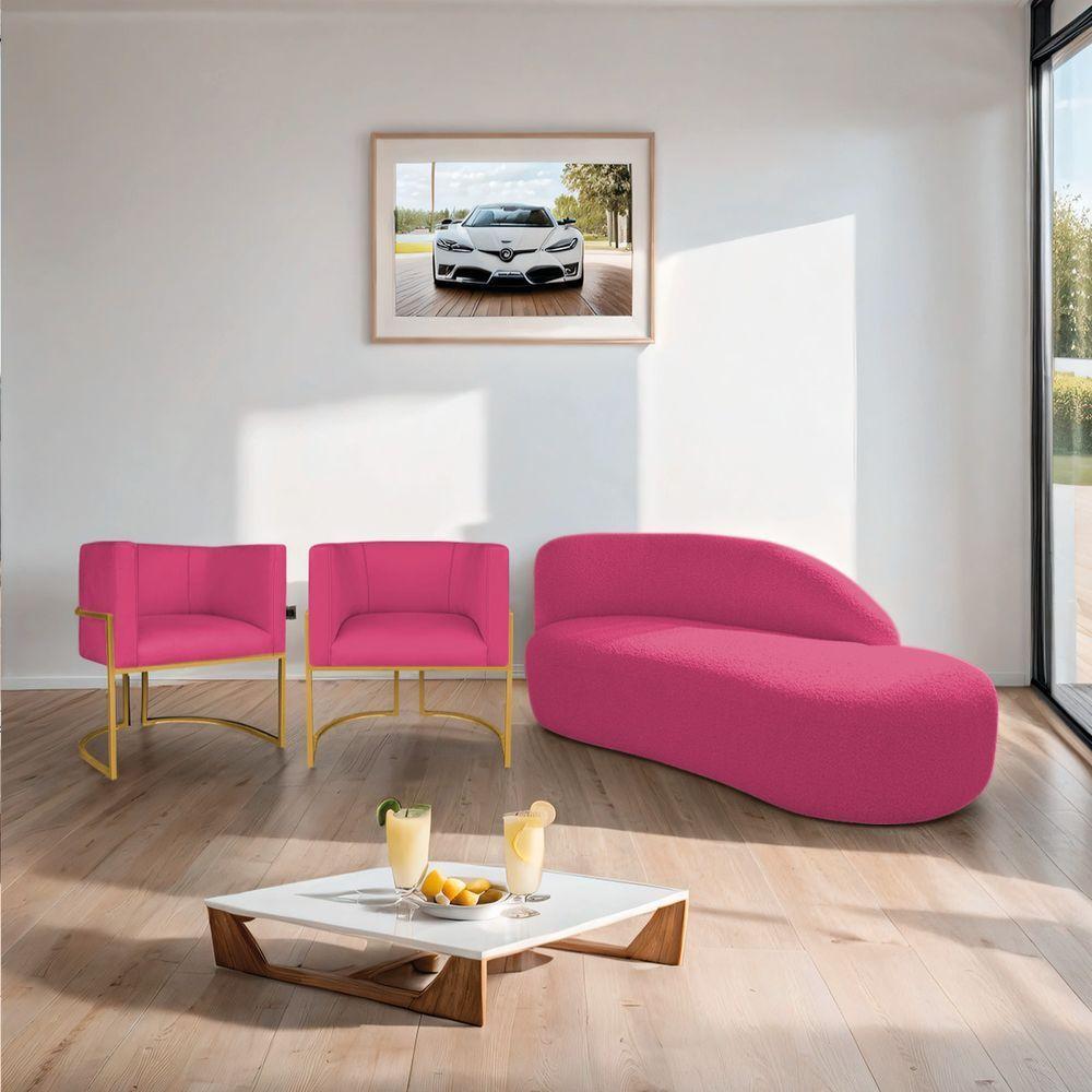 Kit Divã Luna 140cm Lado Direito E 02 Poltronas Base De Ferro Dourado Suede Cor Pink - 9
