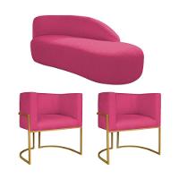 Kit Divã Luna 140cm Lado Direito E 02 Poltronas Base De Ferro Dourado Suede Cor Pink - 1