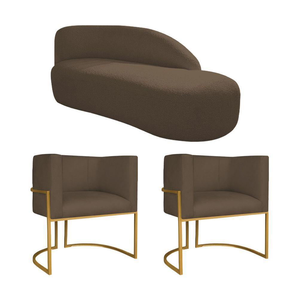 Kit Divã Luna 140cm Lado Direito E 02 Poltronas Base De Ferro Dourado Suede Cor Marrom - 1