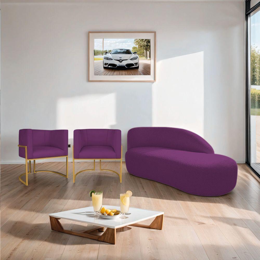 Kit Divã Luna 140cm Lado Direito E 02 Poltronas Base De Ferro Dourado Suede Cor Roxo - 6