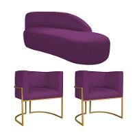 Kit Divã Luna 140cm Lado Direito E 02 Poltronas Base De Ferro Dourado Suede Cor Roxo - 1