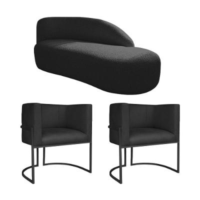 Kit Divã Luna 140cm Lado Direito E 02 Poltronas Base De Ferro Preto Suede Cor Preto