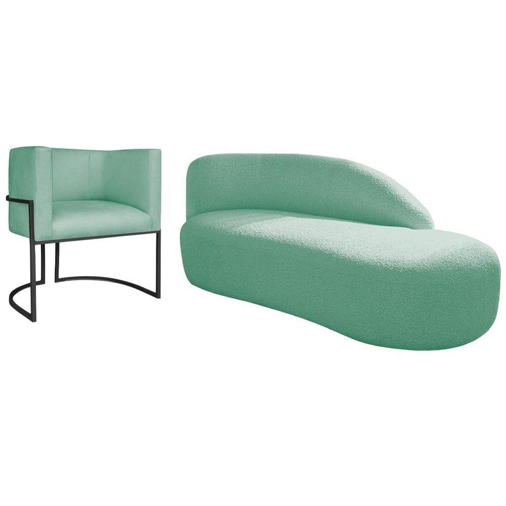 Kit Divã Luna 160cm Lado Direito E 01 Poltrona Base De Ferro Preto Suede Cor Azul Tiffany - 1