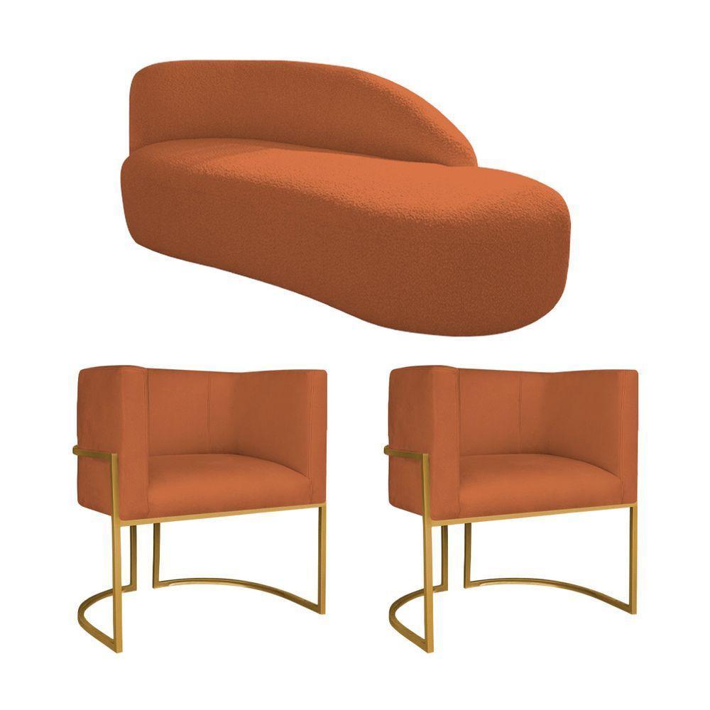 Kit Divã Luna 140cm Lado Direito E 02 Poltronas Base De Ferro Dourado Suede Cor Terracota - 1