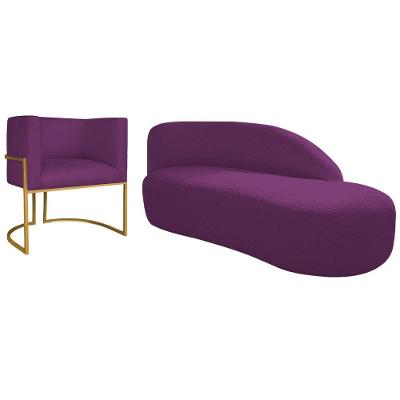 Kit Divã Luna 160cm Lado Direito E 01 Poltrona Base De Ferro Dourada Suede Cor Roxo