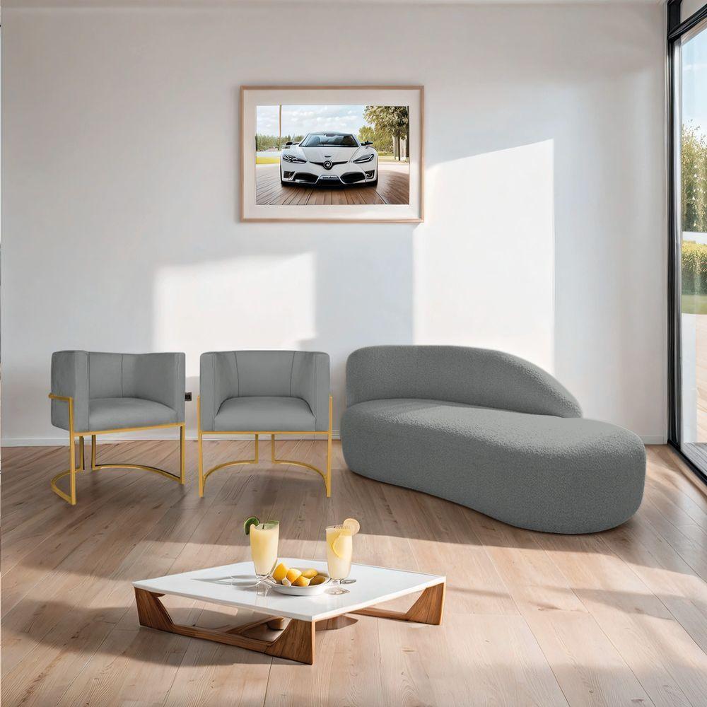 Kit Divã Luna 140cm Lado Direito E 02 Poltronas Base De Ferro Dourado Suede Cor Cinza - 8