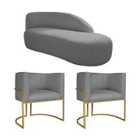 Kit Divã Luna 140cm Lado Direito E 02 Poltronas Base De Ferro Dourado Suede Cor Cinza - 1