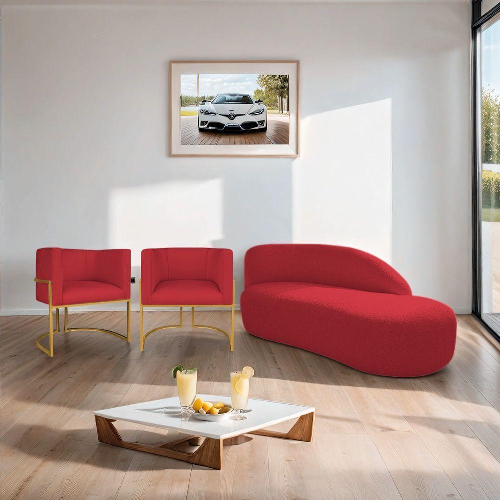 Kit Divã Luna 140cm Lado Direito E 02 Poltronas Base De Ferro Dourado Suede Cor Vermelho - 9