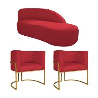Kit Divã Luna 140cm Lado Direito E 02 Poltronas Base De Ferro Dourado Suede Cor Vermelho - 1