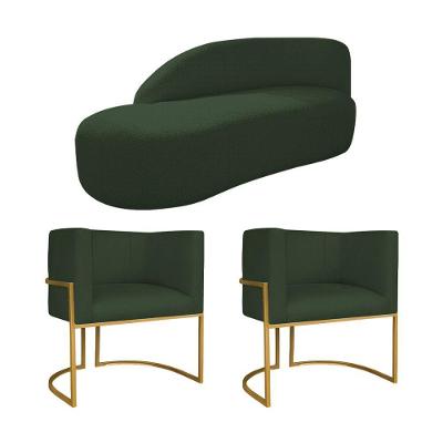 Kit Divã Luna 140cm Lado Esquerdo E 02 Poltronas Base De Ferro Dourado Linho Cor Verde