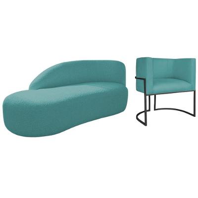 Kit Divã Luna 140cm Lado Esquerdo E 01 Poltrona Base De Ferro Preto Suede Cor Azul Turquesa